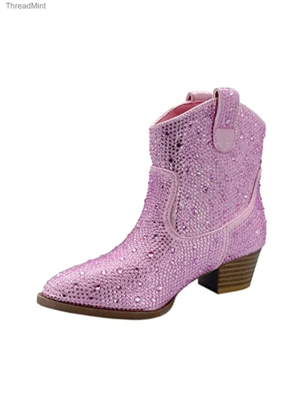 Girls Rhinestone Chunky Heel Ankle Bootie Slip On Casual